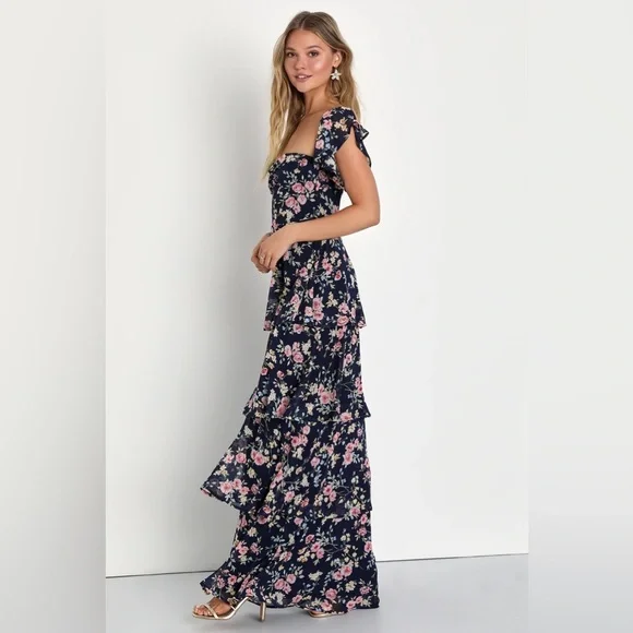 Lulus Charming Passion Navy Blue Floral Maxi Dress BNWT - Picture 3 of 7